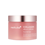 Pink krukke med sølvlåg, mærket "medicube Collagen Jelly Cream" med tekst til alle hudtyper.