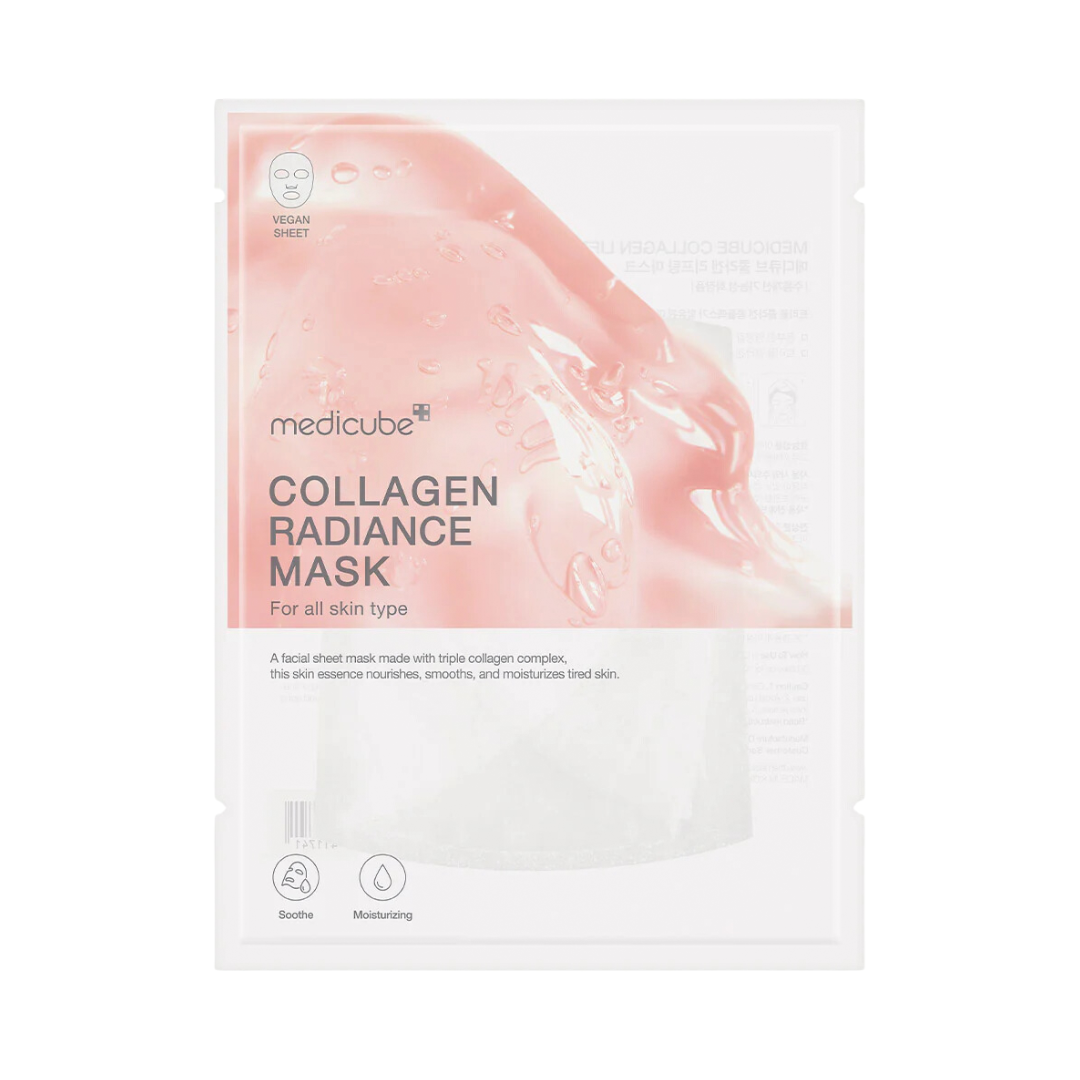 Medicube Collagen Lifting Mask i lyserød emballage. Tekst: Fugtgivende, beroligende, vegansk ark.