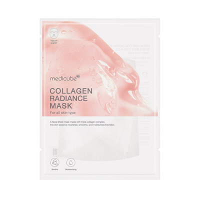 Medicube Collagen Lifting Mask i lyserød emballage. Tekst: Fugtgivende, beroligende, vegansk ark.