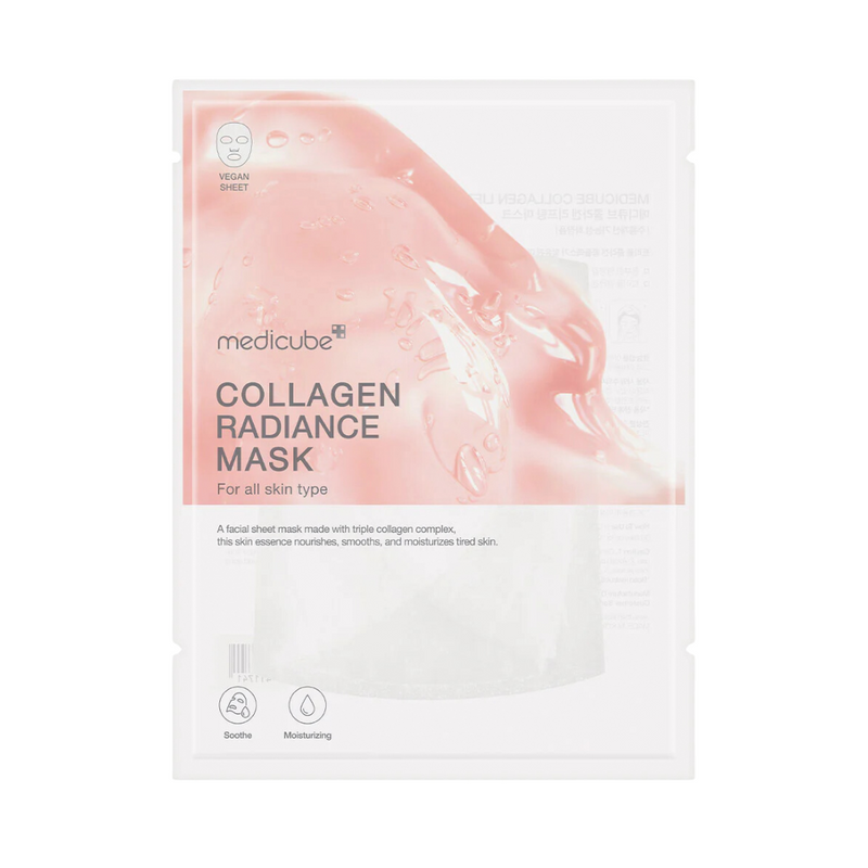 Medicube Collagen Lifting Mask i lyserød emballage. Tekst: Fugtgivende, beroligende, vegansk ark.