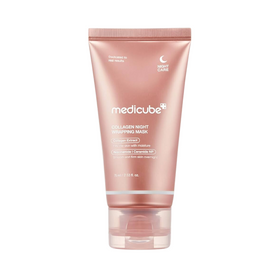 Metallisk lyserød tube med Medicube Collagen Night Wrapping Mask, 75 ml, fugtgivende og opstrammende.