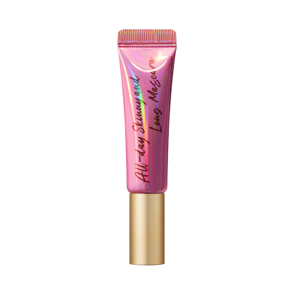 Pink tube med guldhætte, tekst "All-day Skinny and Long Mascara" på siden.