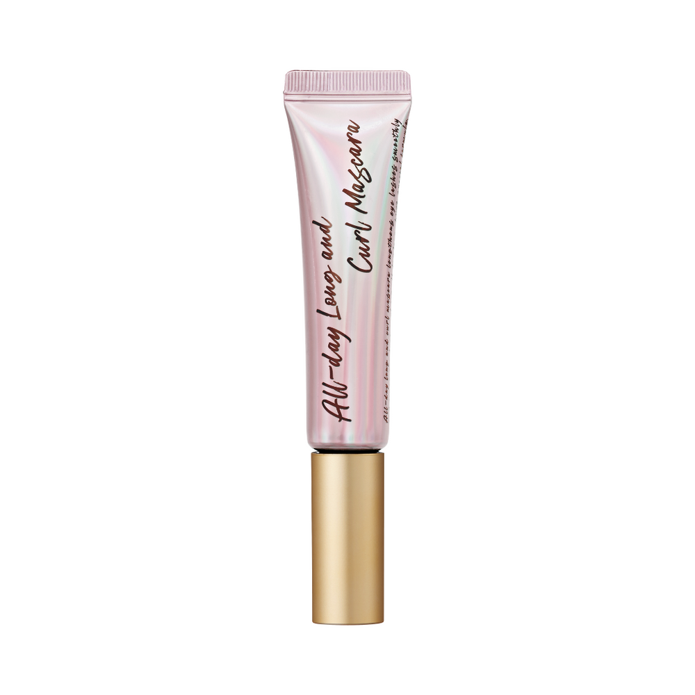 Pink mascara tube med guldhætte, tekst: "All Day Long and Curl Mascara."