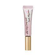 Pink mascara tube med guldhætte, tekst: "All Day Long and Curl Mascara."