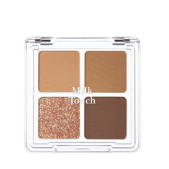 Fire øjenskygger: to matte brune, én glitter kobber, én dyb brun. Klar låg med "Milk Touch".