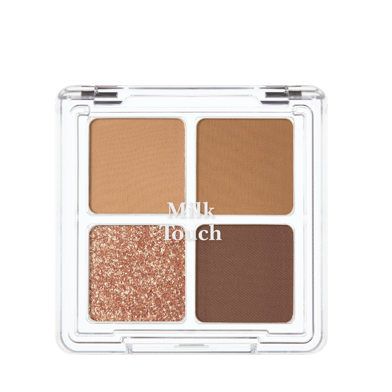 Fire øjenskygger: to matte brune, én glitter kobber, én dyb brun. Klar låg med "Milk Touch".