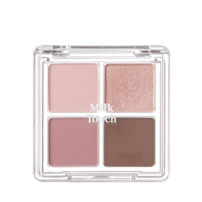 Øjenskyggepalette med fire nuancer: lys pink, skinnende pink, mauve og brun.