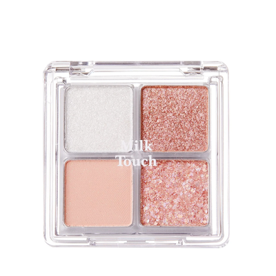 Øjenskyggepalette med fire nuancer: hvid, rosa glitter, mat fersken og pink glimmer. Klar etui.