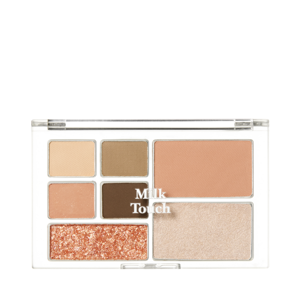 Makeup palette med seks nuancer: peach, beige, brun og glitter.