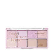 Øjenskyggepalette med ni pastelfarver, inkl. "Blueberry Cheese," i pink og beige nuancer.