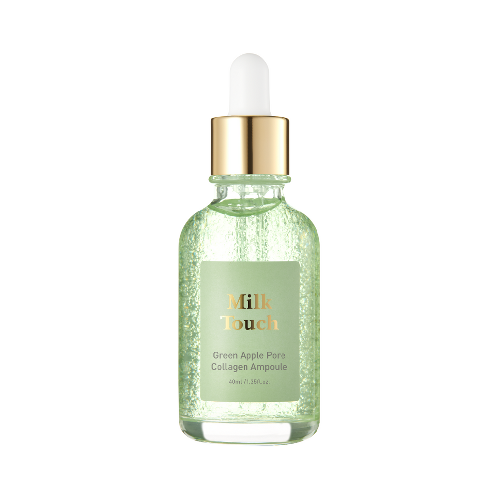 Klar flaske med guldhætte, grøn væske, label: Milk Touch Green Apple Pore Collagen Ampoule.