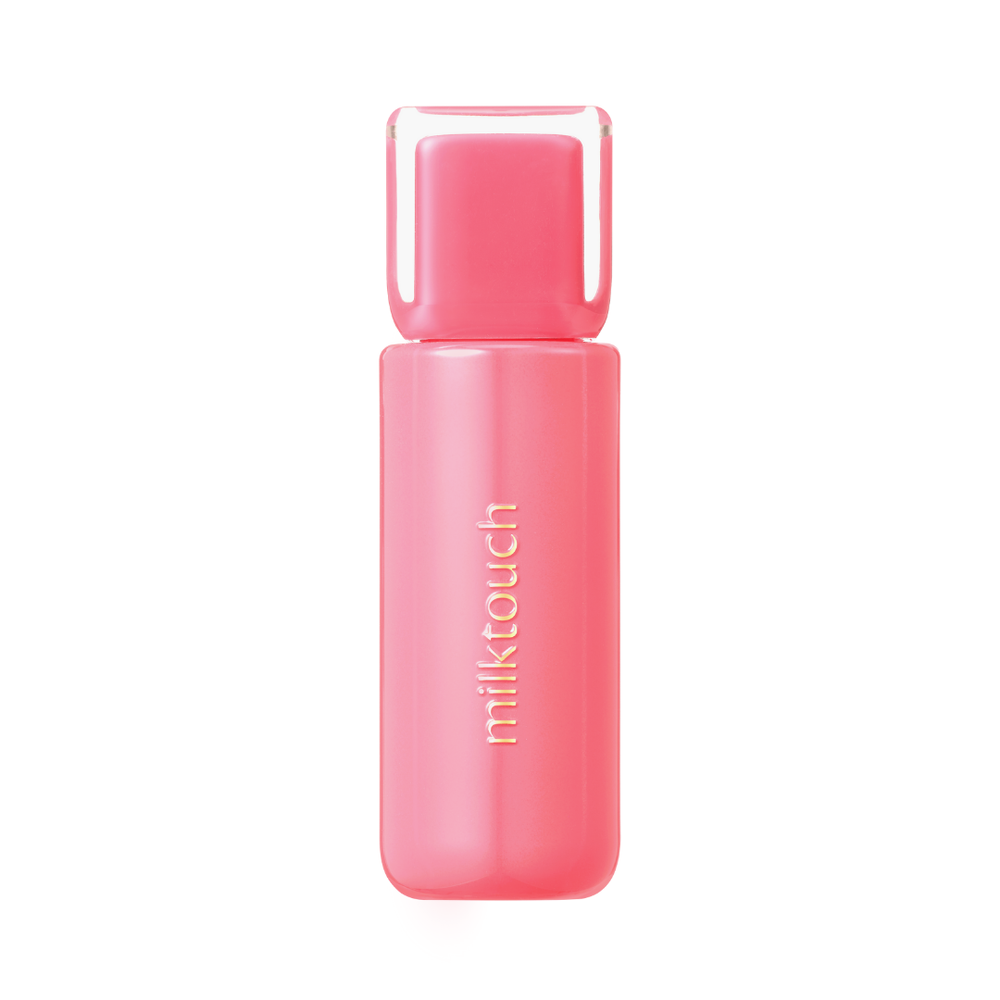 Pink, rektangulær flaske med "milktouch" logo i hvidt, skinnende finish og matchende pink låg.