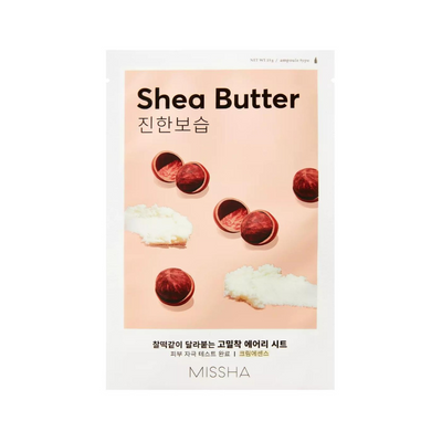 Missha Airy Fit Sheet Mask med sheasmør, billeder af sheanødder og smør på pakken.
