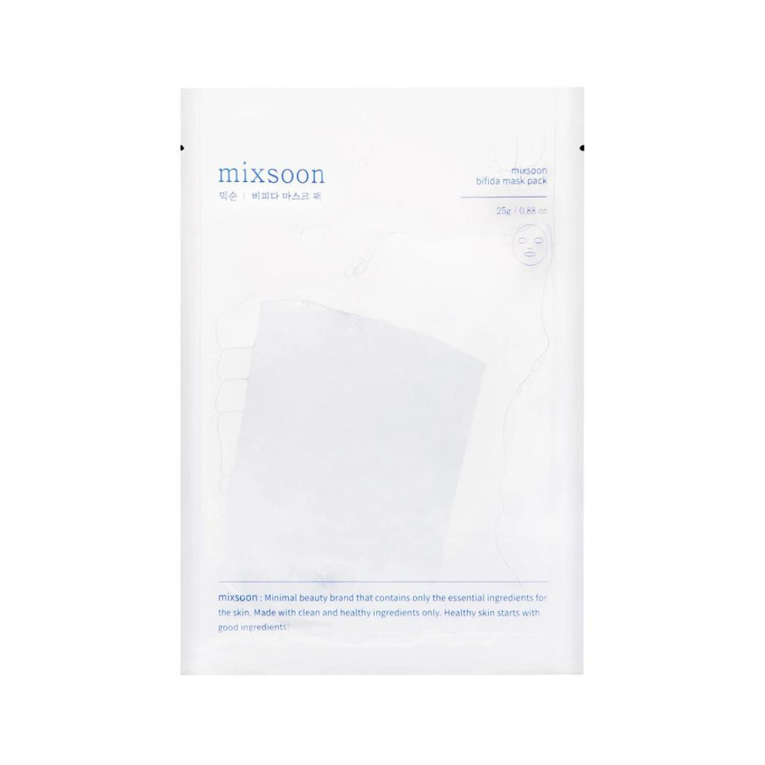 Hvidt Mixsoon Bifida Mask Pack med blå tekst og enkel design.