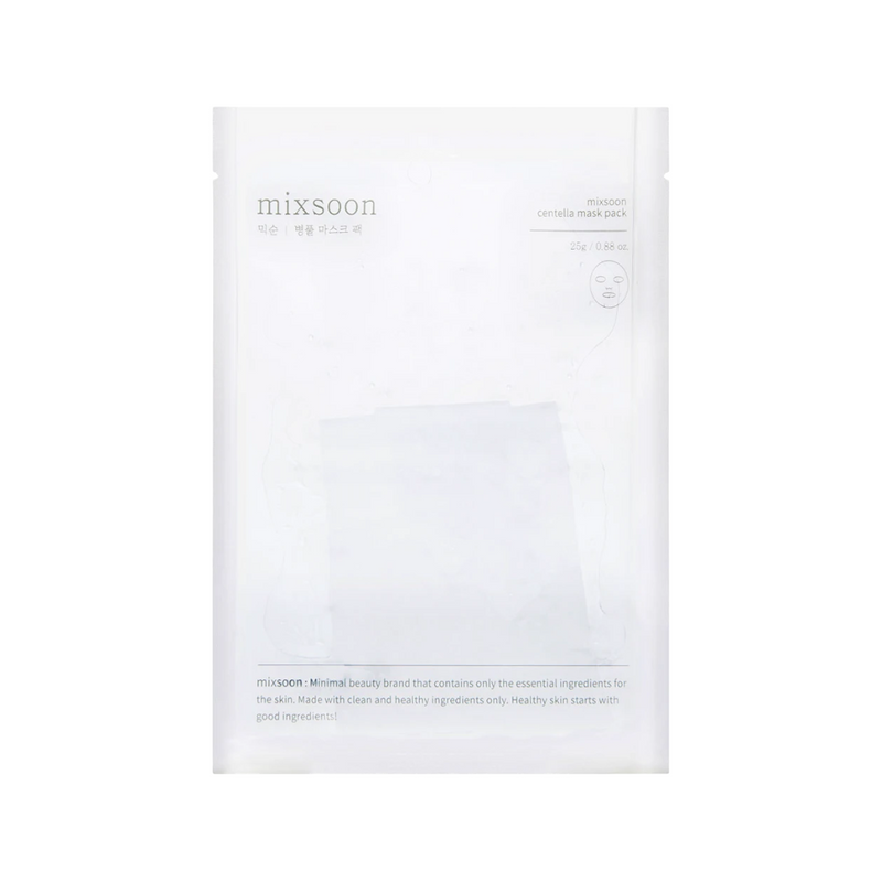 Hvid emballage med teksten "mixsoon" og "centella mask pack". Enkel og minimalistisk design.