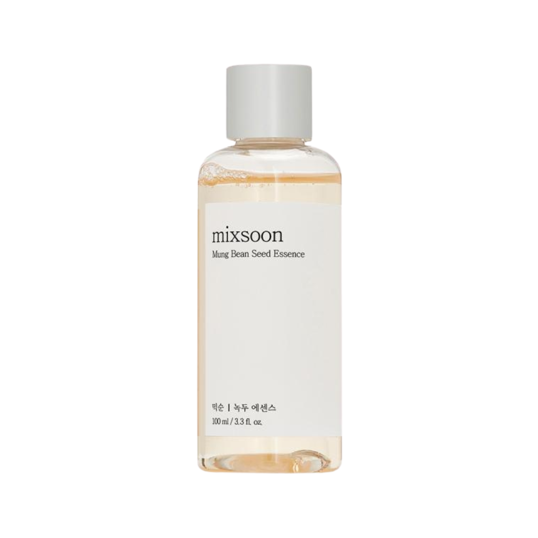Klar flaske med hvid etiket, "mixsoon Mung Bean Seed Essence", 100 ml.