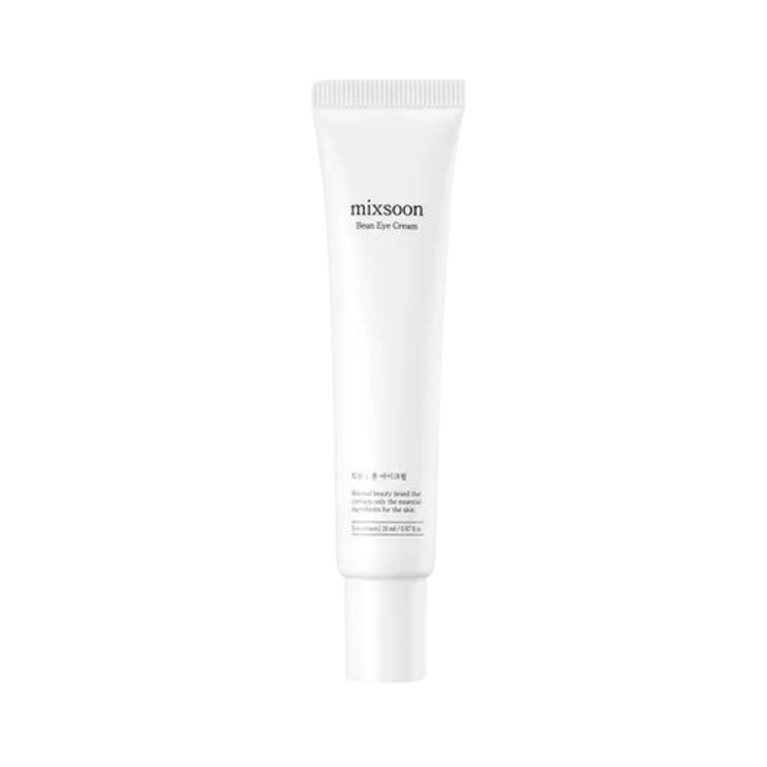 Hvid tube med skriften "mixsoon Bean Eye Cream" i sort tekst. Minimalistisk emballagedesign.