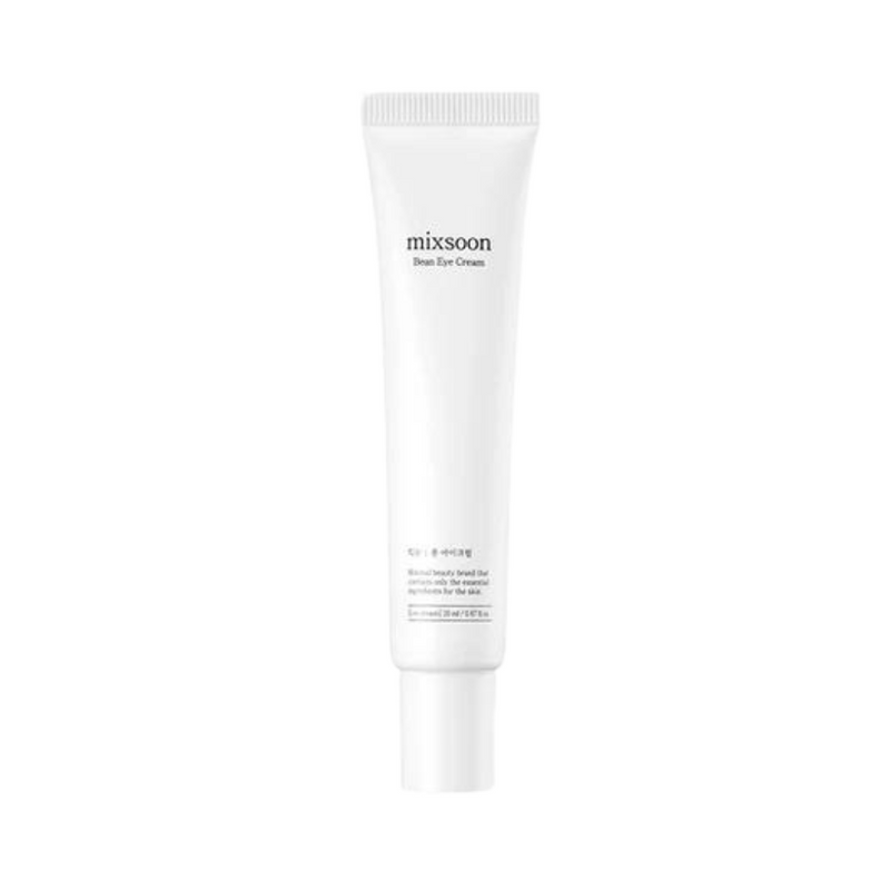 Hvid tube med skriften "mixsoon Bean Eye Cream" i sort tekst. Minimalistisk emballagedesign.