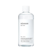 Klar flaske med hvid etiket "mixsoon Bean Toner", 300 ml, minimal design.