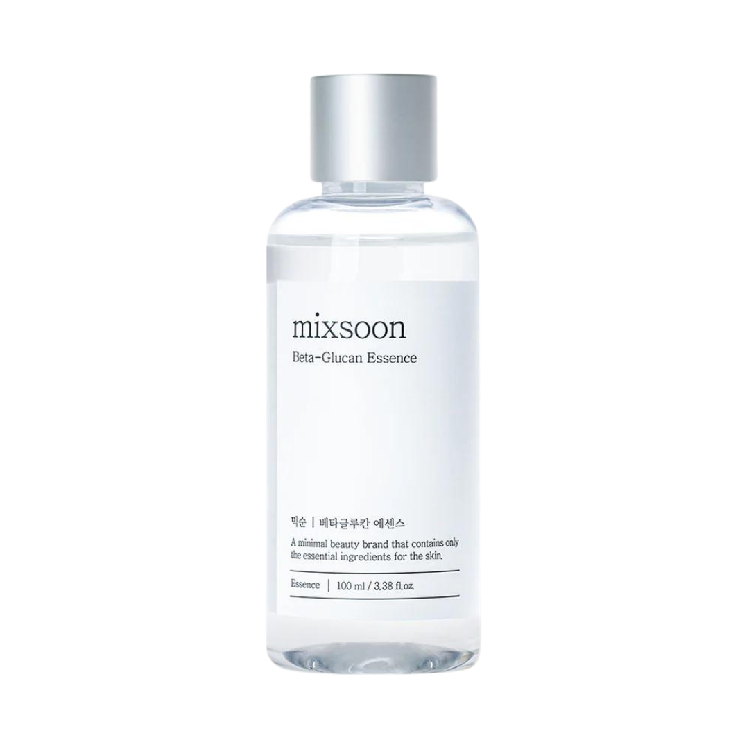 Klar flaske med sølv låg, etikette med "mixsoon Beta-Glucan Essence", 100 ml produktdetaljer.