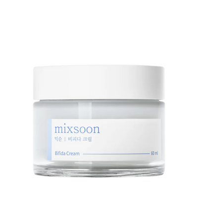 Hvid krukke med label "mixsoon Bifida Cream 60 ml" på enkel, minimalistisk design.