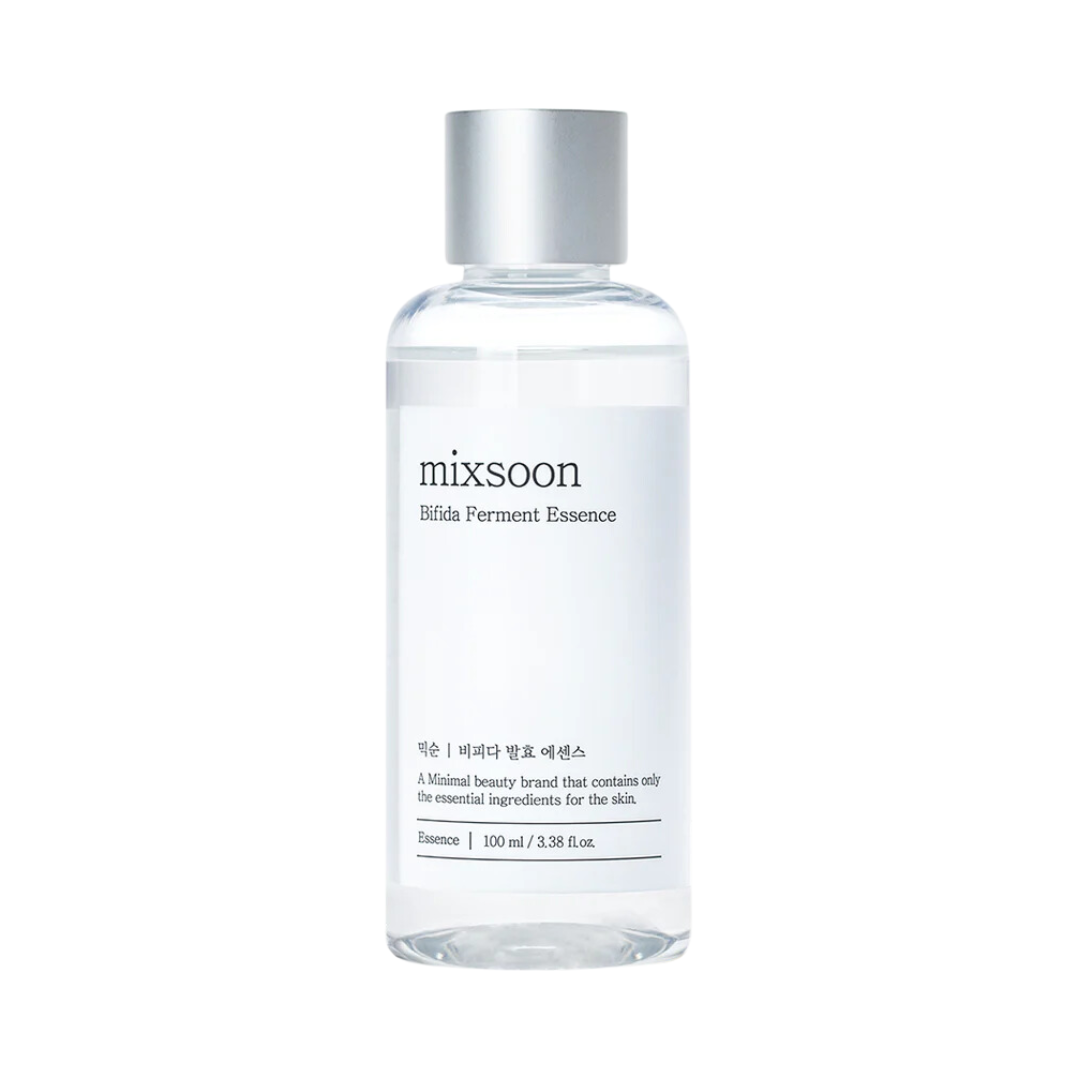Klar flaske med sølvhætte, mærket "mixsoon Bifida Ferment Essence," 100 ml.