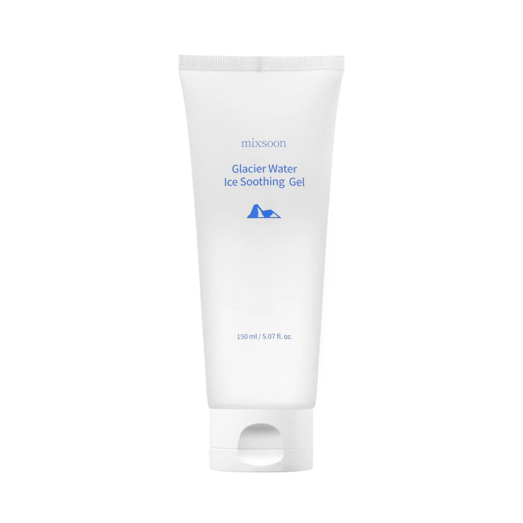 Hvid tube med blå tekst "Mixsoon Glacier Water Ice Soothing Gel" og et lille bjerglogo. 150 ml.