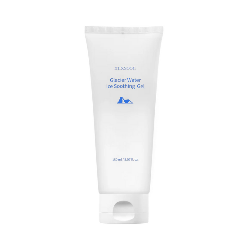 Hvid tube med blå tekst "Mixsoon Glacier Water Ice Soothing Gel" og et lille bjerglogo. 150 ml.
