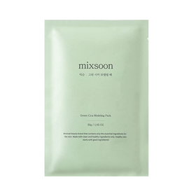 Lys grøn pose med "mixsoon" og "Green Cica Modeling Pack", 30g, samt produktbeskrivelse.