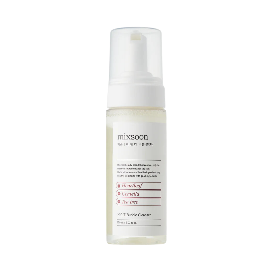 Mixsoon H.C.T. Bubble Cleanser flaske med hvid etiket og ingredienser: heartleaf, centella, tea tree.