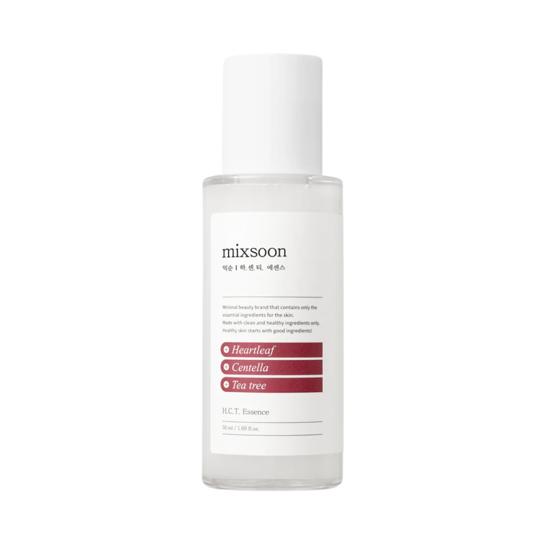 Klar flaske med hvid etiket, mærket "mixsoon". Ingredienser: Heartleaf, Centella, Tea Tree.