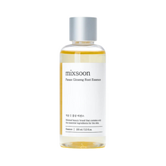Klar flaske med sølv låg, indeholder gul væske. Label: "mixsoon Panax Ginseng Root Essence, 100 ml".