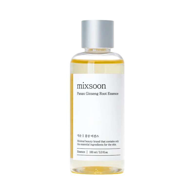 Klar flaske med sølv låg, indeholder gul væske. Label: "mixsoon Panax Ginseng Root Essence, 100 ml".