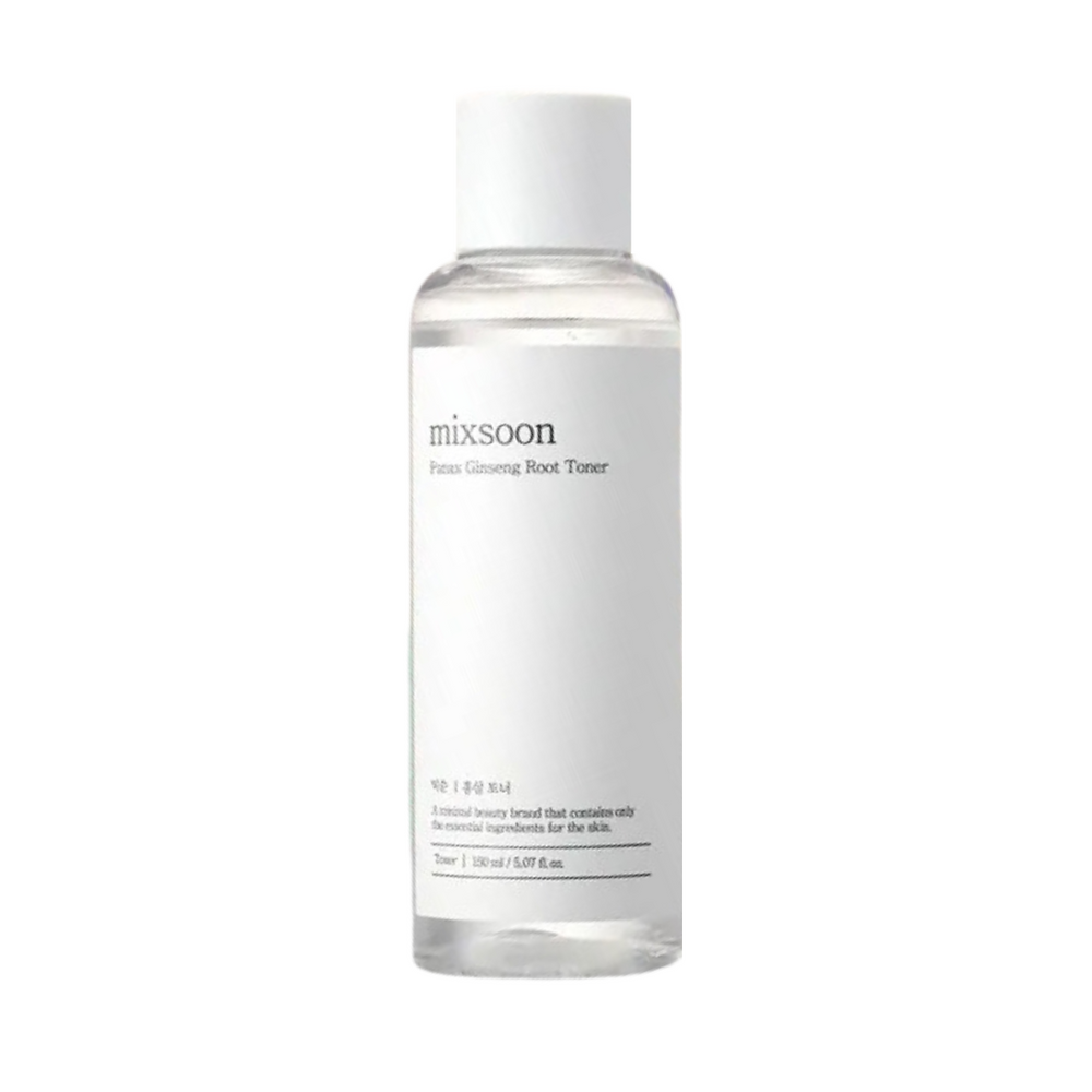 Klar flaske med hvidt låg og etiket med teksten "Mixsoon Panax Ginseng Root Toner".