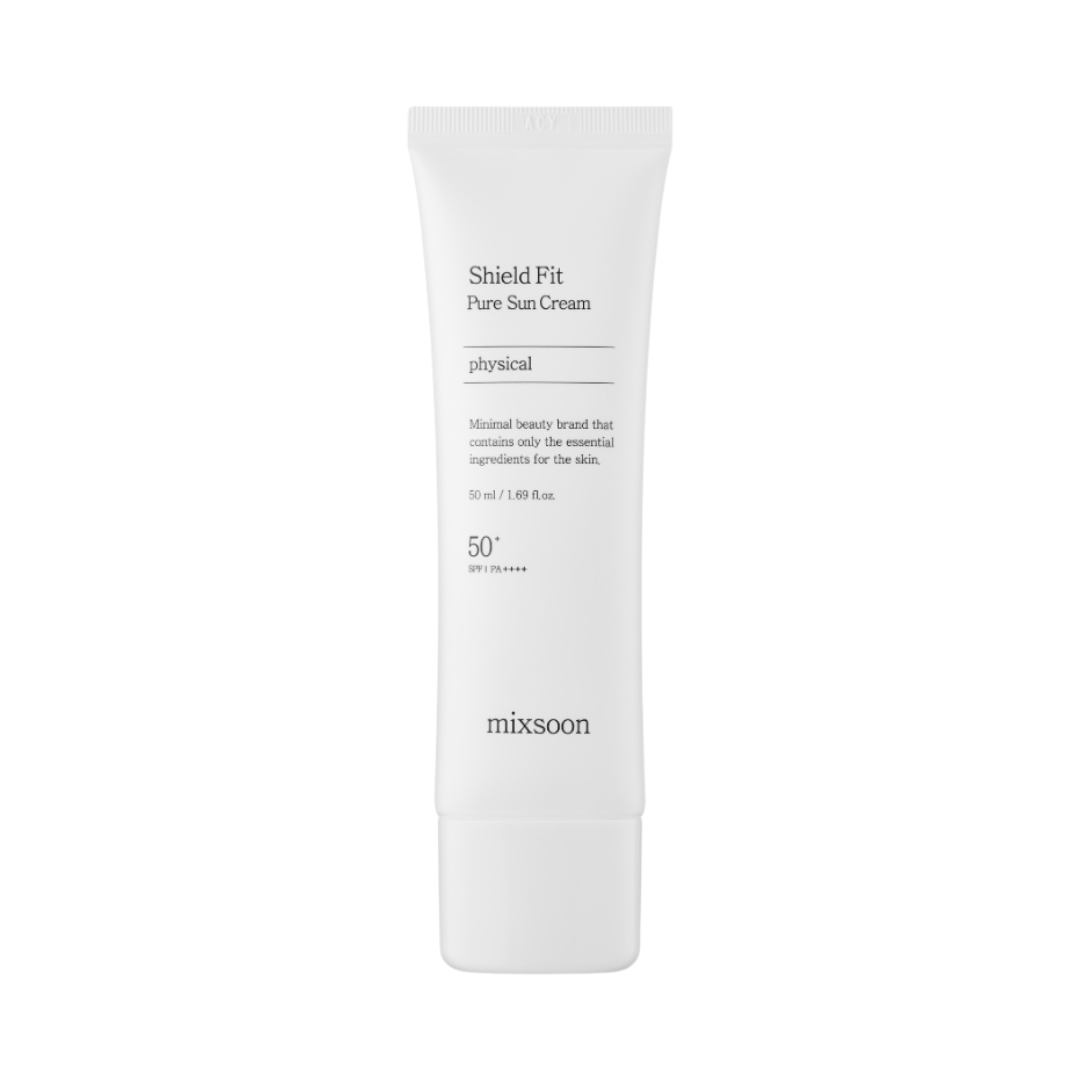 Hvid tube med Mixsoon Shield Fit Pure Sun Cream, SPF 50+, 50 ml, sort tekst.