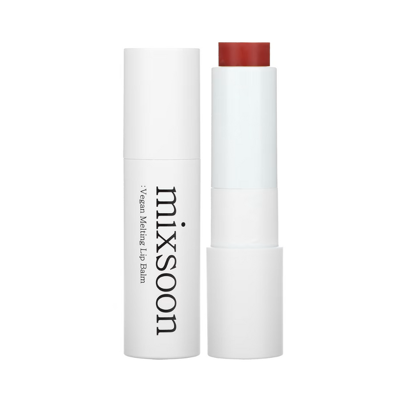 Hvid tube med tekst "Mixsoon - Vegan Melting Lip Balm" og en rosefarvet læbepomade synlig.