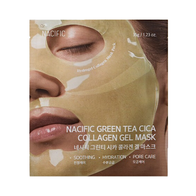 Ansigt med gennemskinnelig gelmaske, tekst: Nacific Green Tea Cica Collagen Gel Mask.