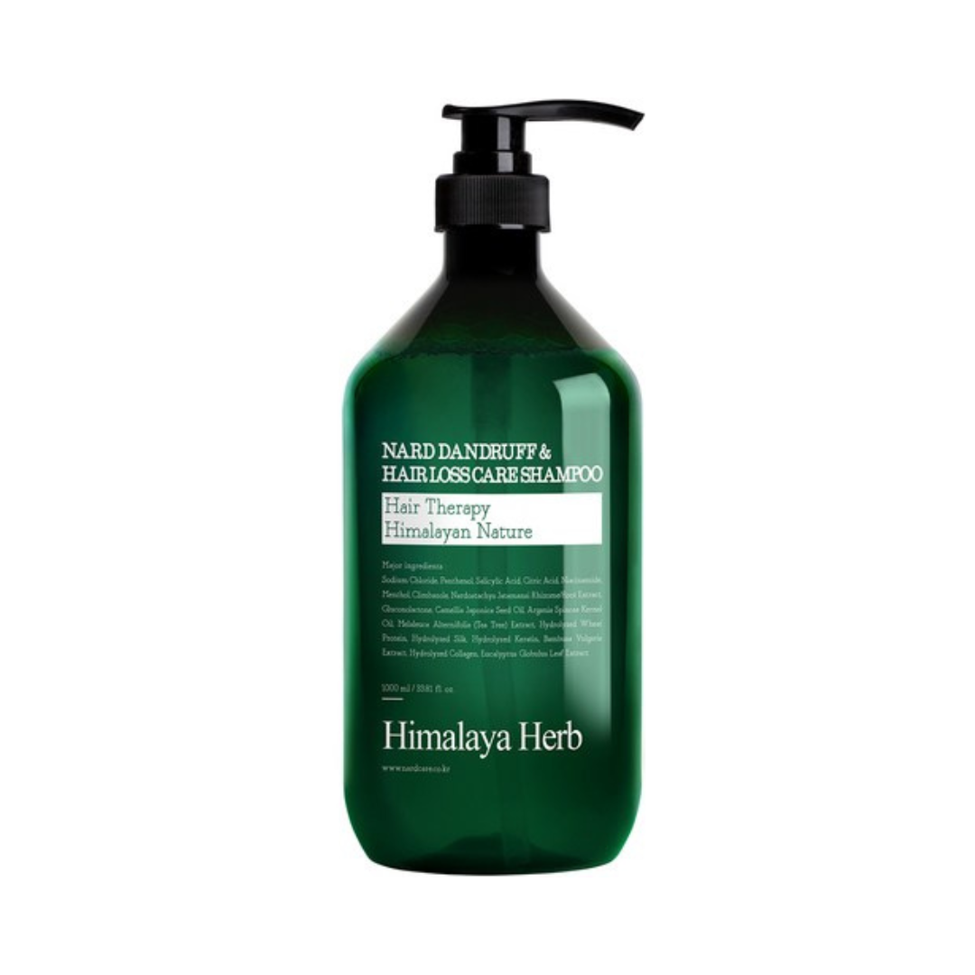 Grøn flaske med pumpe, mærket "Nard Dandruff & Hair Loss Care Shampoo."