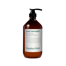 Brun flaske med pumpe, etiket siger "Nard Treatment" og "Himalaya Herb," 1000 ml.