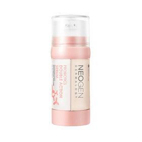 Cylindrisk flaske med pink låg, mærket "Neogen - Probiotics Double Action Serum".