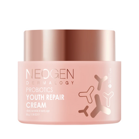 Pink krukke med bronzelåg, mærket "Neogen Dermalogy Probiotics Youth Repair Cream".