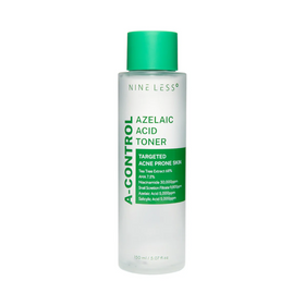 Klar flaske med grøn hætte, mærket "Nineless Azelaic Acid Toner" med ingrediensliste.