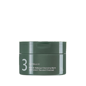 Mørkegrøn beholder med hvid tekst: "Numbuzin No.3 Pore & Makeup Cleansing Balm, 85g".