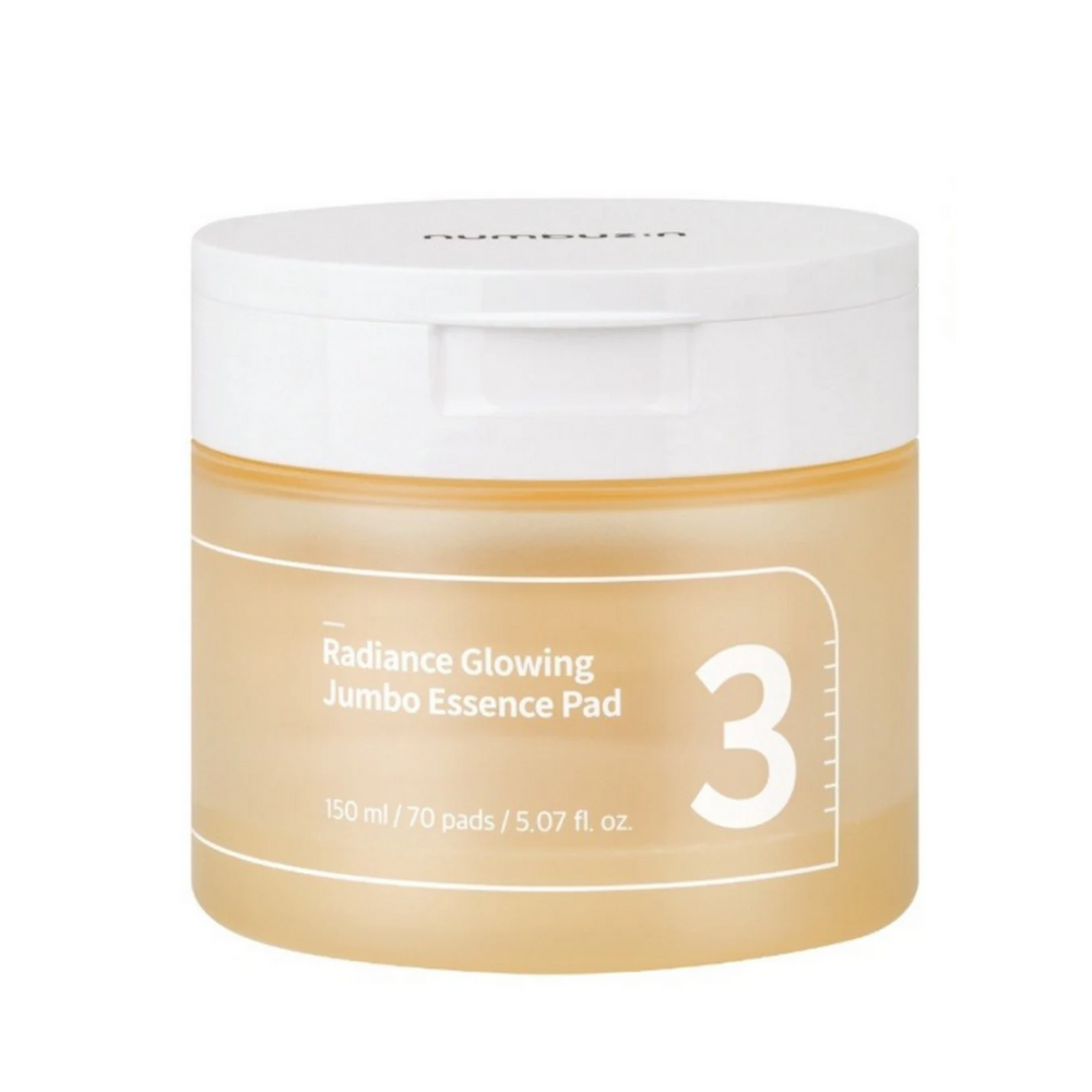 Rund beholder med hvidt låg og teksten "Radiance Glowing Jumbo Essence Pad" i hvid.
