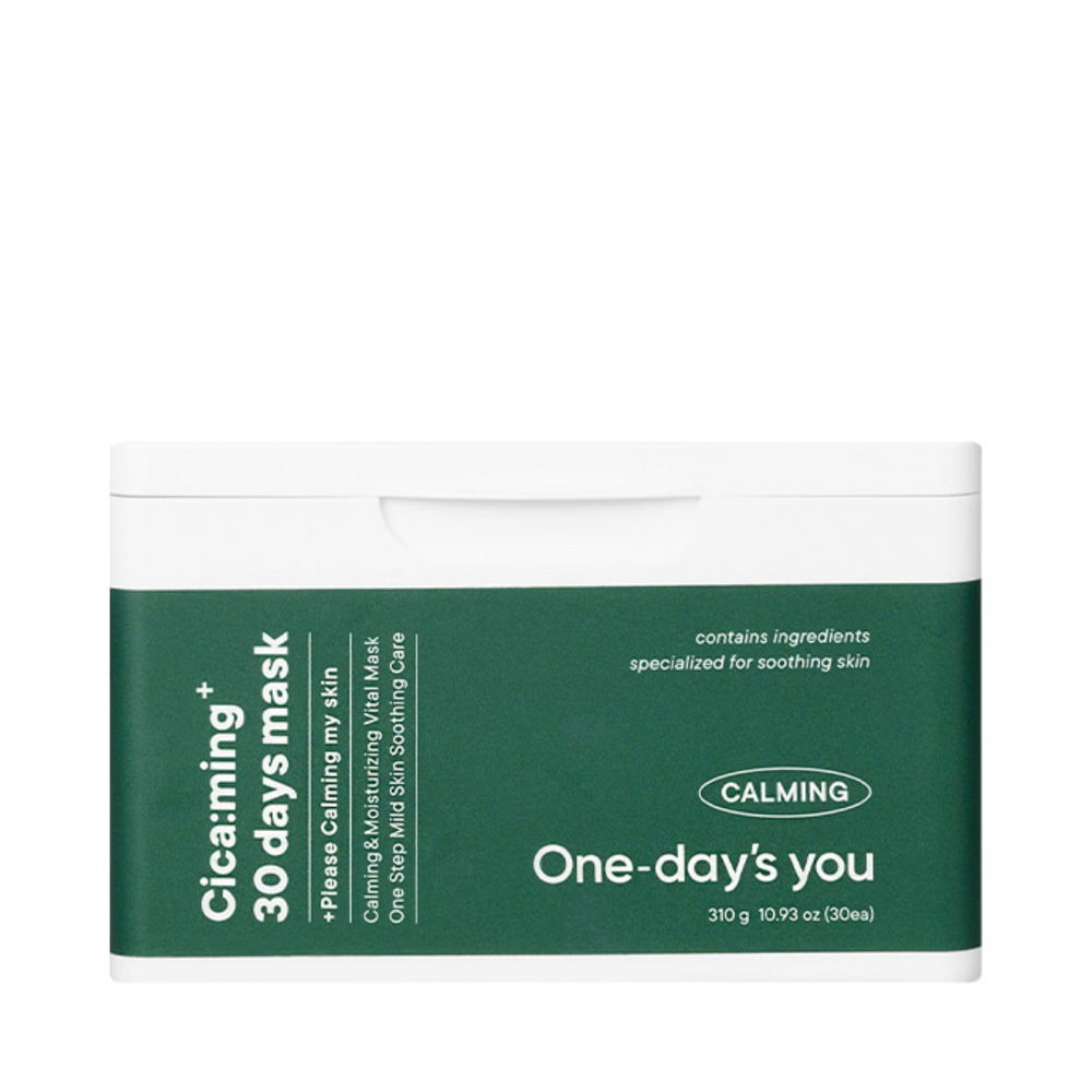 Hvid og grøn æske med teksten "Cicaming 30 days mask" og "One-day's you" for beroligende hudpleje.