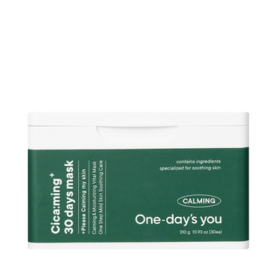 Hvid og grøn æske med teksten "Cicaming 30 days mask" og "One-day's you" for beroligende hudpleje.