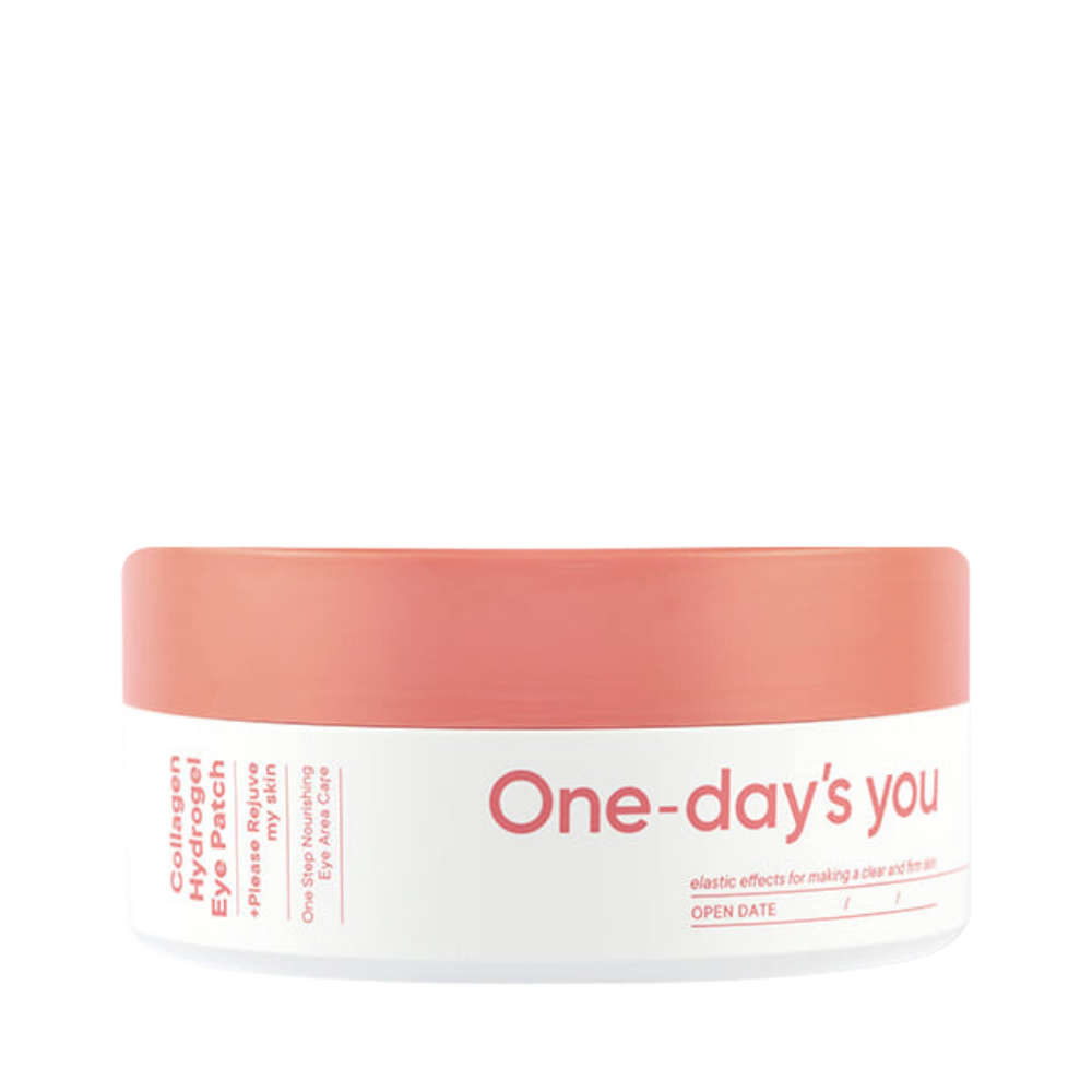 Rund beholder med pink låg, "One-day's you" tekst på hvid krop, indeholder kollagen øjenplaster.