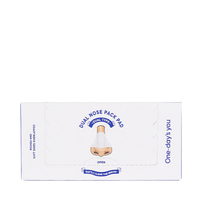 Emballage til "Dual Nose Pack Pad" med næseillustration og tekst fra "One-day's you."