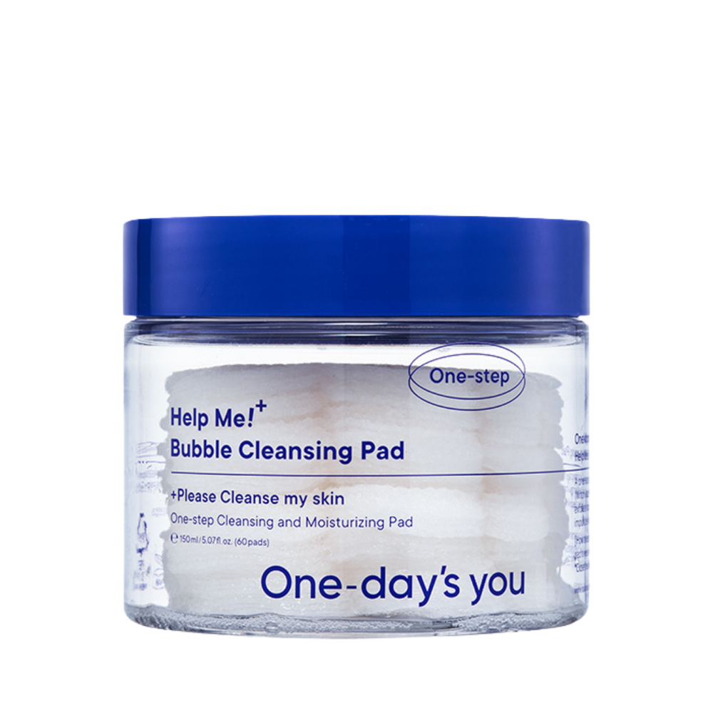 Krukke med blå låg indeholder "Help Me! Bubble Cleansing Pad" fra One-day's you.