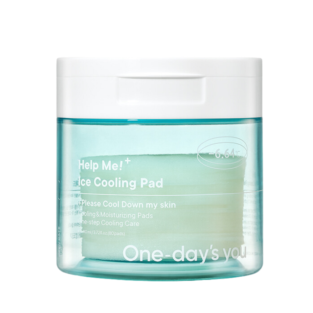 Krukke med hvidt låg og blå krop. Tekst: "Help Me! Ice Cooling Pad" og "One-day's you."
